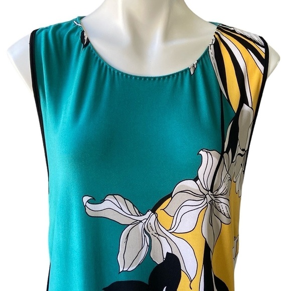Tahari Sleeveless Teal Floral Art Deco Midi Dress Stretchy Retro Plus Size - Picture 2 of 10